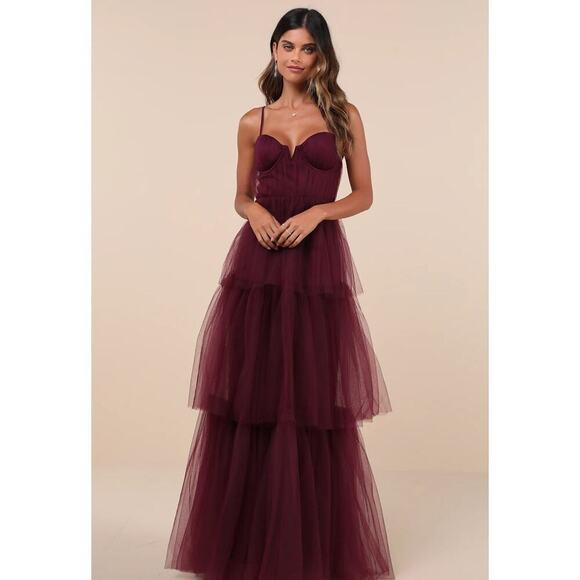 Lulus Dresses & Skirts - New Lulus Plum Purple Tulle Bustier Tiered Maxi Dress SZ S